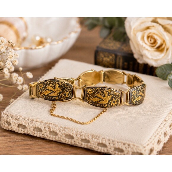 The Unbranded Brand Jewelry - Vintage Damascene Bird Panel Bracelet Gold Tone Black Floral Safety Chain Signed